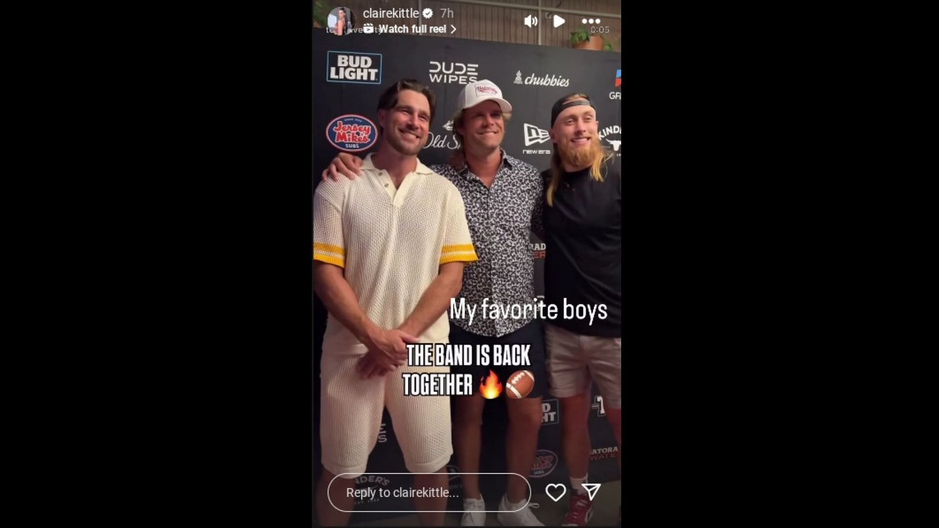 Claire Kittle shared a photo of husband George Kittle, Travis Kelce and Greg Olsen at the "Tight End University."(Photo via Claire Kittle's Instagram Story)